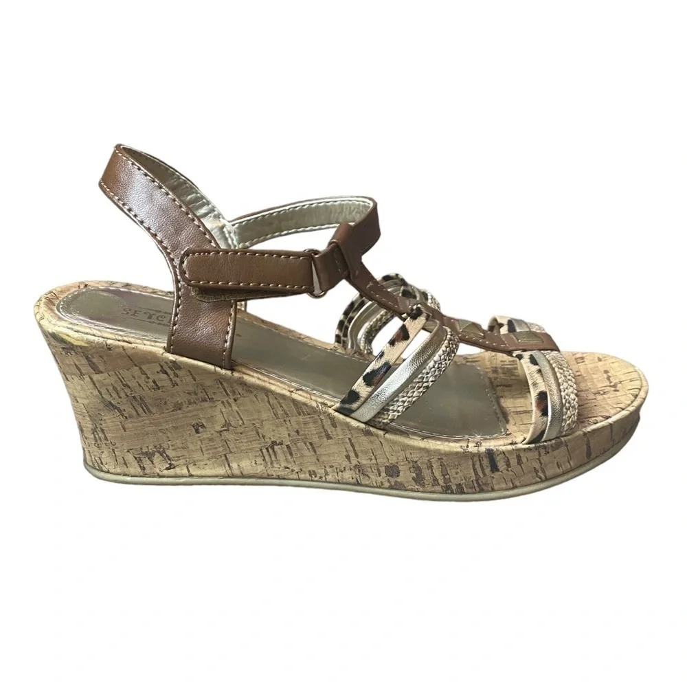 Seychelles Platform Wedge‎ Strappy Animal Print Brown Gold Sandals Heels 4
